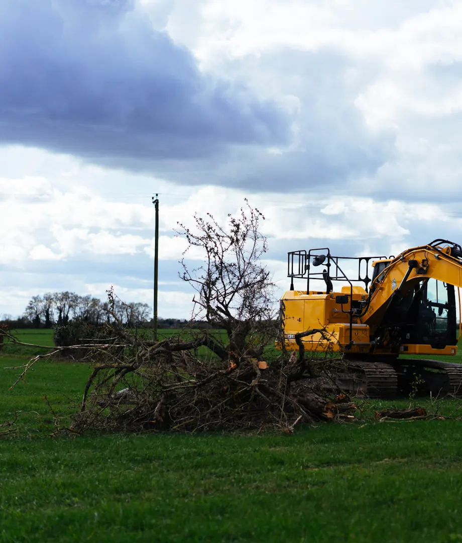 Excavator stacking cleared branches and brush in an open field during a land clearing project